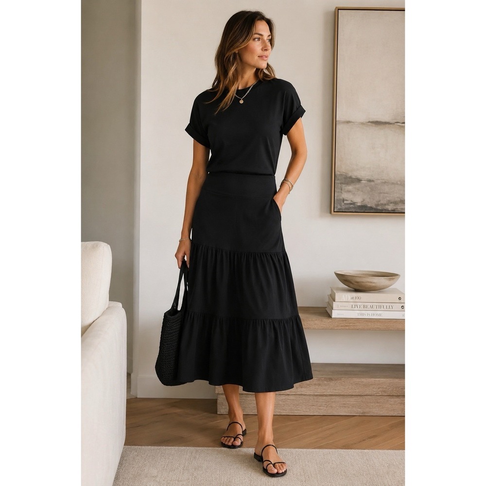 Veronica Beard Black Tiered Drop Waist Midi Dress Women's L Relaxed Short Sleeve